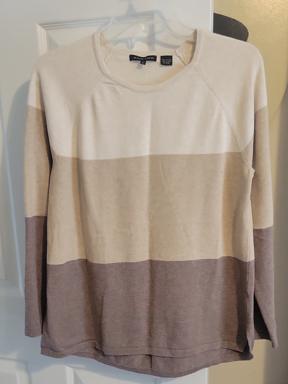 Jeanne Pierre SzLg 100% Cotton Striped Crewneck Sweater - Cream, Tan, Brown